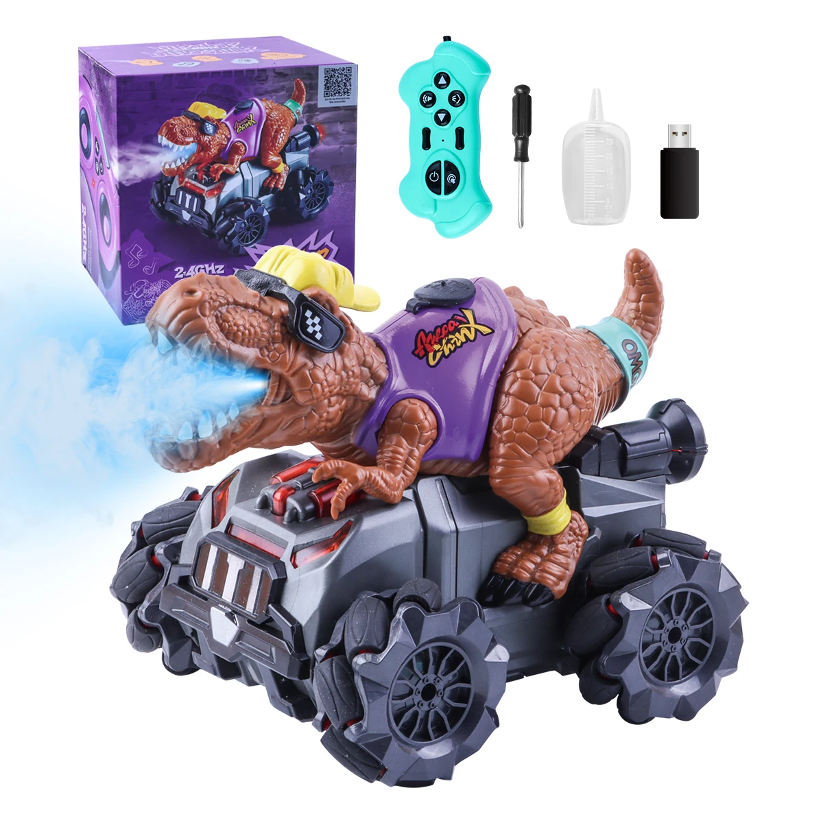 Coche de dinosaurio RC para niños, coche de pulverización con Control remoto con sonido y luz, juguete interactivo para regalo para niños