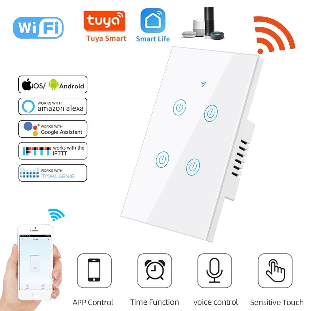 

Tuya Smart Switches US Neutral Wire/No Neutral Wire Required 1/2/3/4 Gang Light WiFi Touch Switch Work with Alexa Google Home