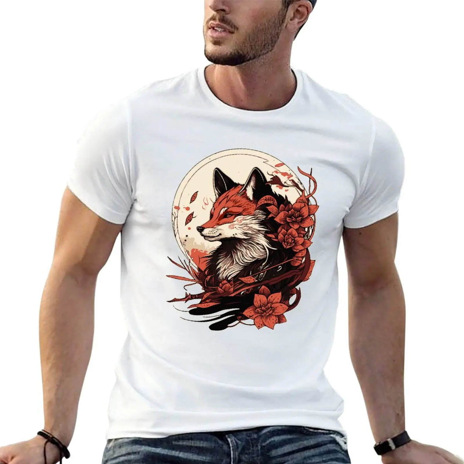 

japanese fox T-Shirt man t shirt graphic t shirt man cotton T-Shirt