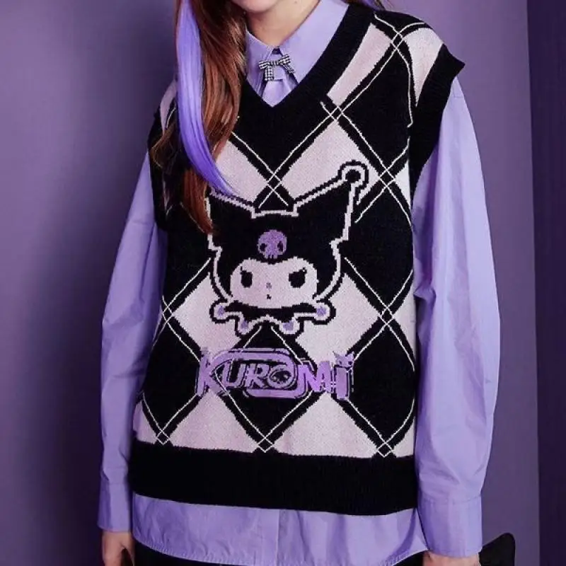 

Вязаный жилет с рисунком Куроми, топы с v-образным вырезом, аниме Sanrioed, весенне-осенний свитер для девочек, студенческий свитер в консервативном стиле, японская женская одежда