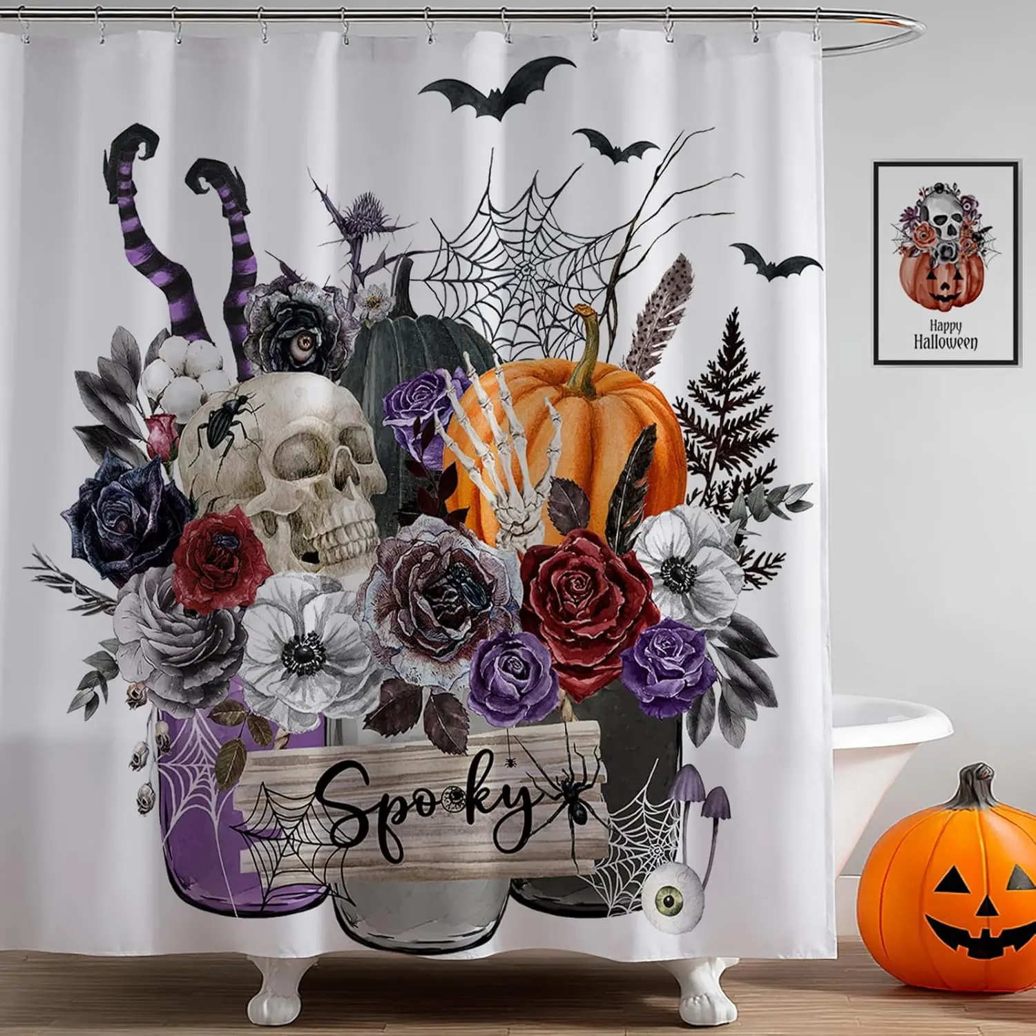 Halloween Skull and Pumpkin Shower Curtain with Spooky Flowers Bats and Spider Web Gothic Design for Bathroom