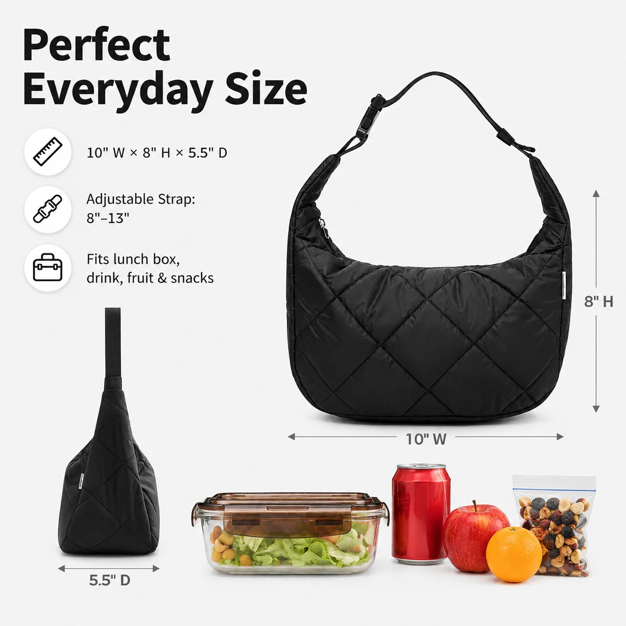 Large Puffer Insulated Lunch Bag for Women Trendy Quilted Thermal Tote Waterproof Office Commuter Bento Cooler Box with Strap