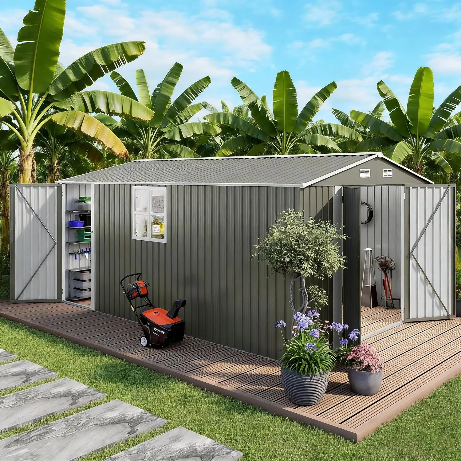 10x14 FT Outdoor Storage Shed Metal with Side Door 2 Windows Waterproof 4 Air Vents for Backyard Patio Lawn, Customized