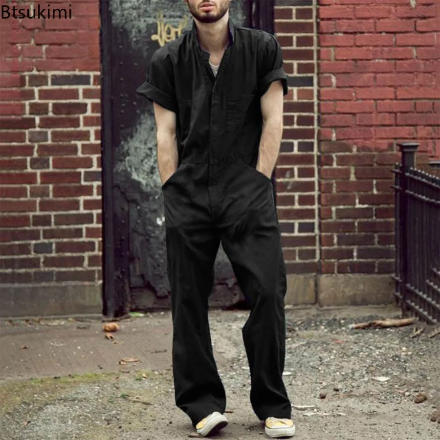 ملابس خروج غير رسمية للرجال لعام 2025 بدلة فضفاضة بسحّاب متعددة الجيوب بأكمام قصيرة ملابس فضفاضة للربيع والصيف ملابس عمل للرجال #4