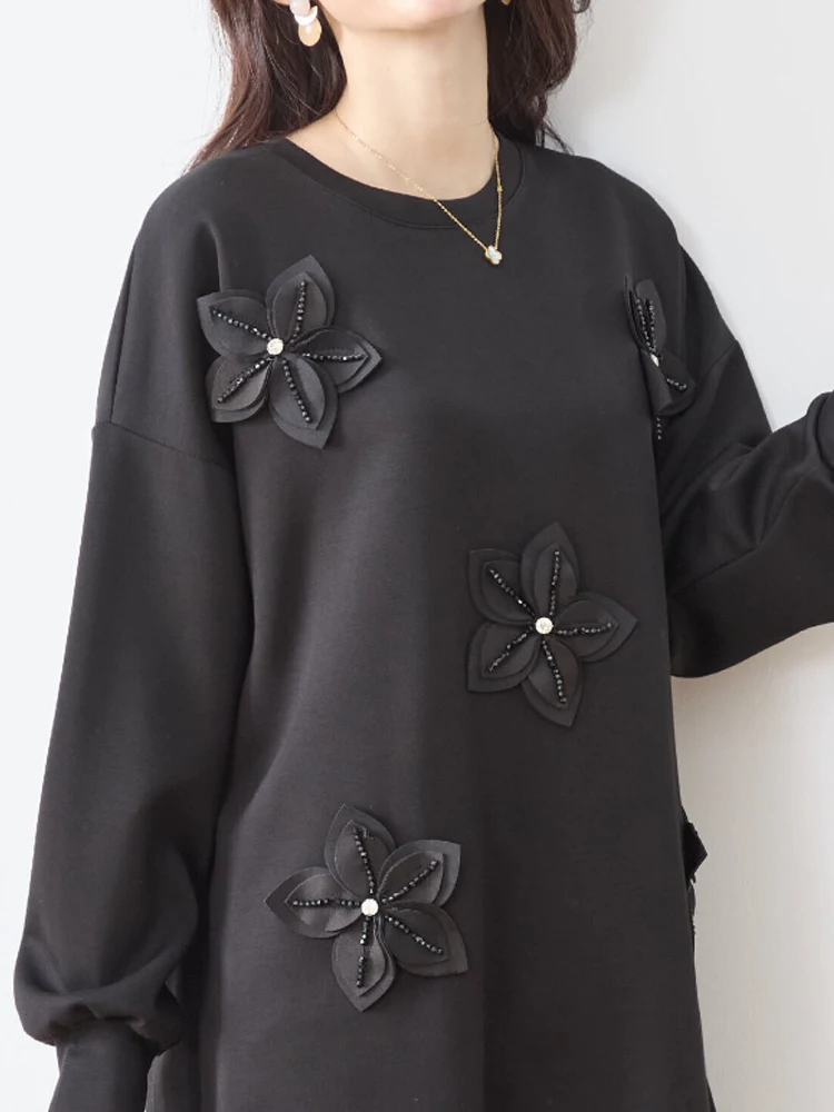 Korean Fashion Black Sweatshirts Women 2024 New Fall Winter Long Sleeve Loose Casual Tops Pullovers Female Beaded Hooded Jumper