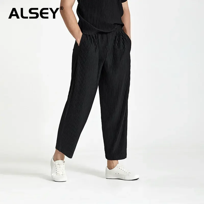 

ALSEY Miyake Japanese Streetwear Fashion Pleated Men's Casual Pants New Loose FitHigh Simple Elastic Straight Pants Summer New