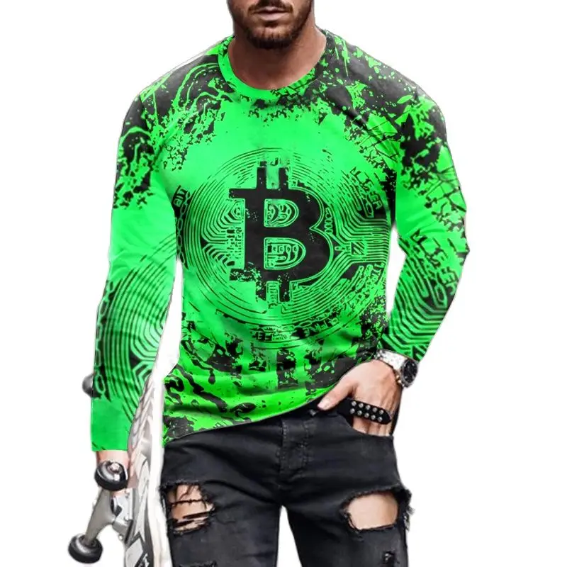 Fashion Bitcoin Graphic 3D Pringted Mens T-shirts Spring Streetwear Round Neck Long Sleeve Casual Loose Tops Tee Men Clothing