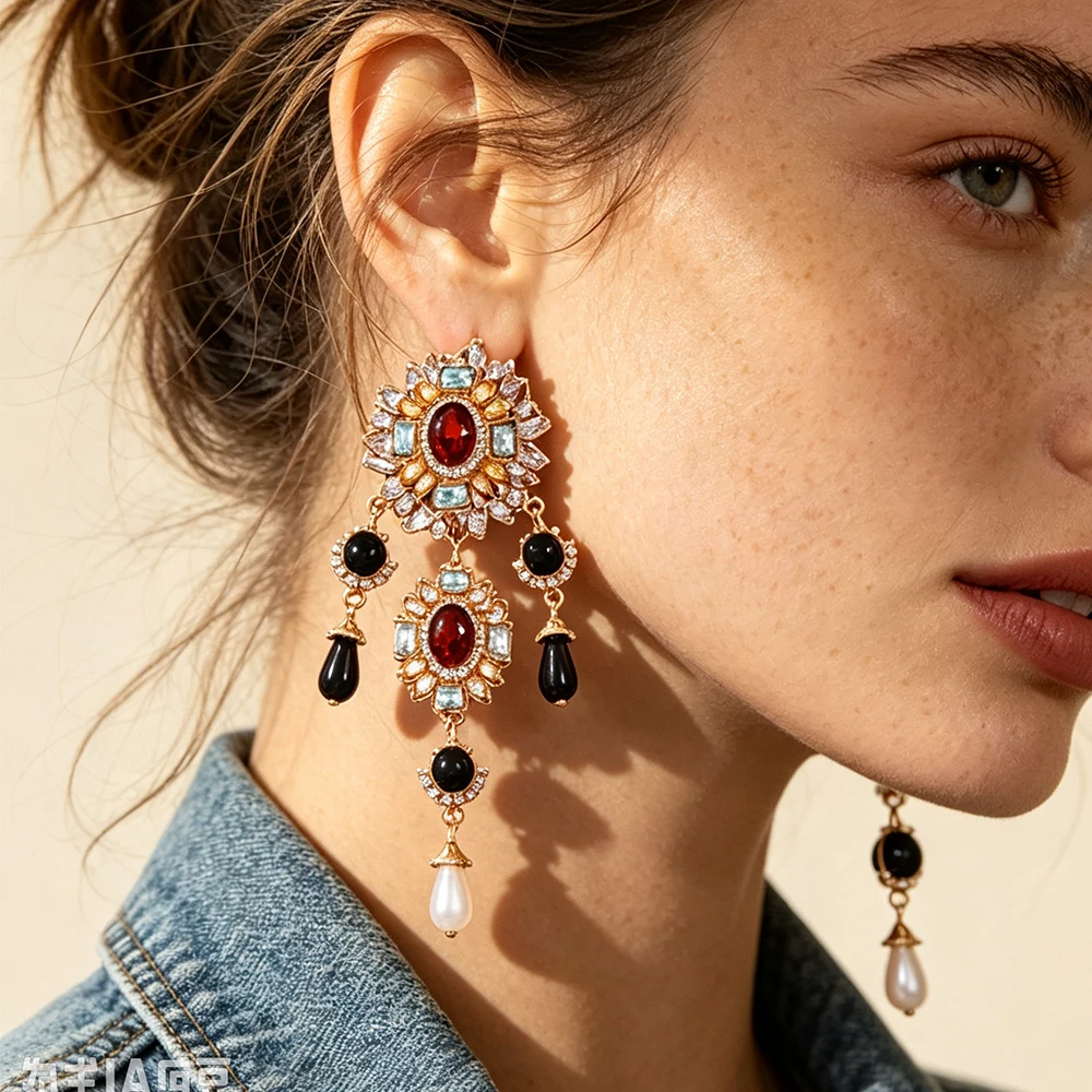Luxury Baroque Crystal Tassel Dangle Earrings for Women Vintage Multicolor Rhinestone Pearls Drop Earring Statement Jewelry Gift
