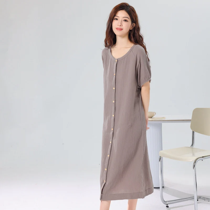 Spring Summer Women's Cardigan Nightgown Japanese Crepe Cotton Minimalist Home Wear Pajamas Lady Short Sleeves O-Neck Nightdress