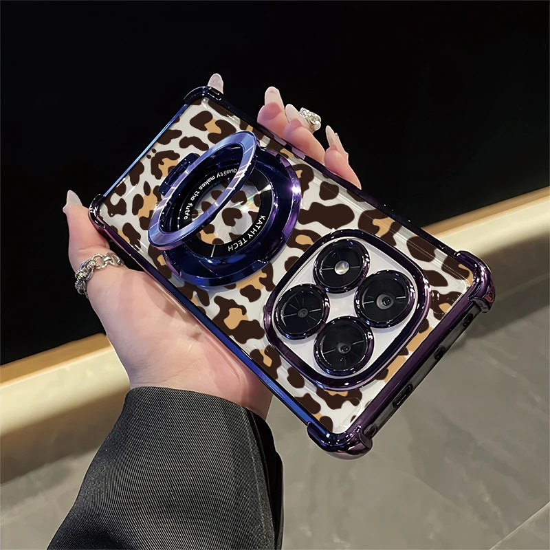Luxury Plating Phone Case For Xiaomi Redmi Note 15 Pro Plus 14 4G 13 5G 15 Pro Stand Holder Shockproof Pattern Leopard Cover