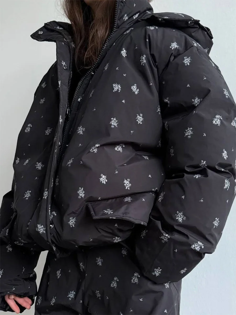 Wolfeel 2026 Winter New Flower Bread Cotton Jacket Warm and Fashionable Drawstring Design Loose Medium Length Fashion Jacket