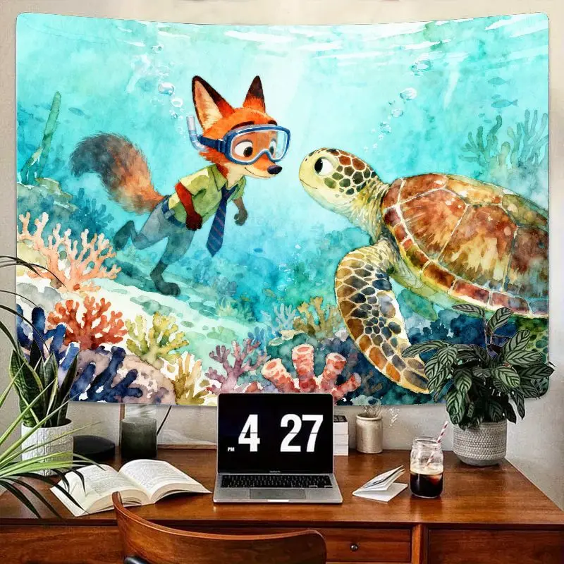 

1PC Watercolor Fox & Turtle Diving Tapestry, Vibrant Ocean Coral Reef Wall Art Decor, Polyester for Kids Room Bedroom Living Roo
