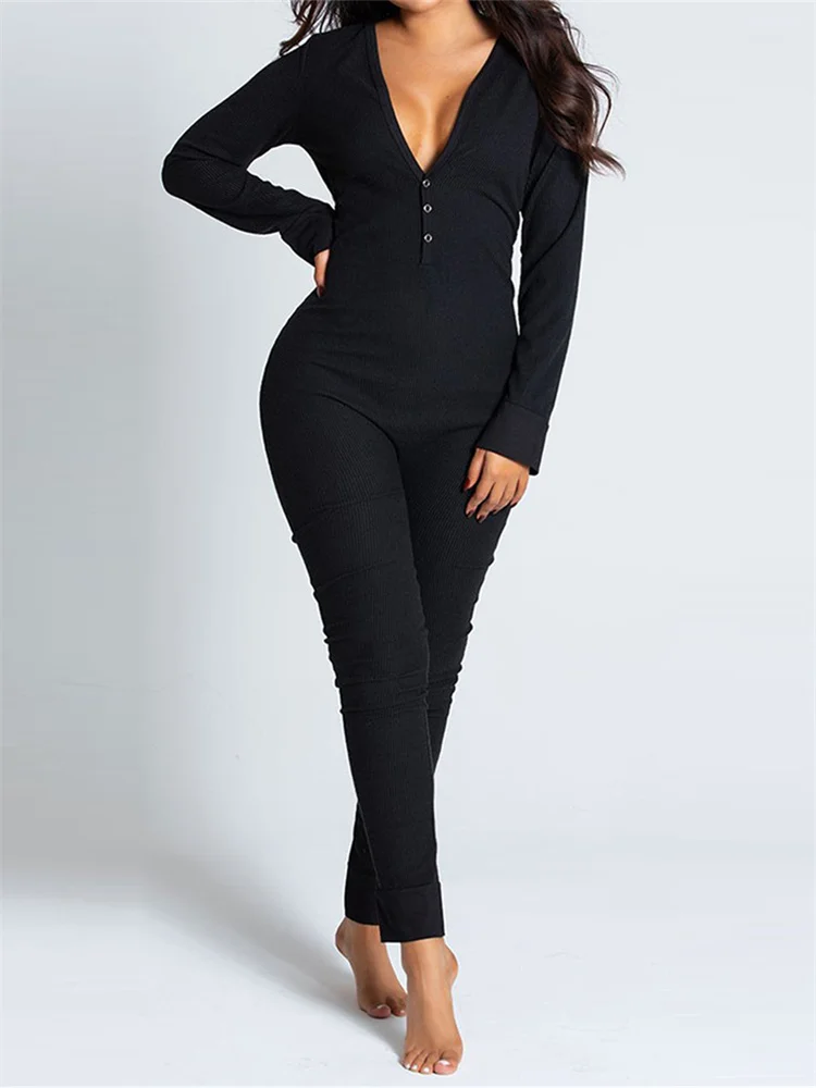 جمبسوت حريمي بيجامة بأكمام طويلة ورقبة على شكل V Bodycon الورك انفصال المنشعب رومبير Bodycon Playsuits ملابس تنحيف غير رسمية