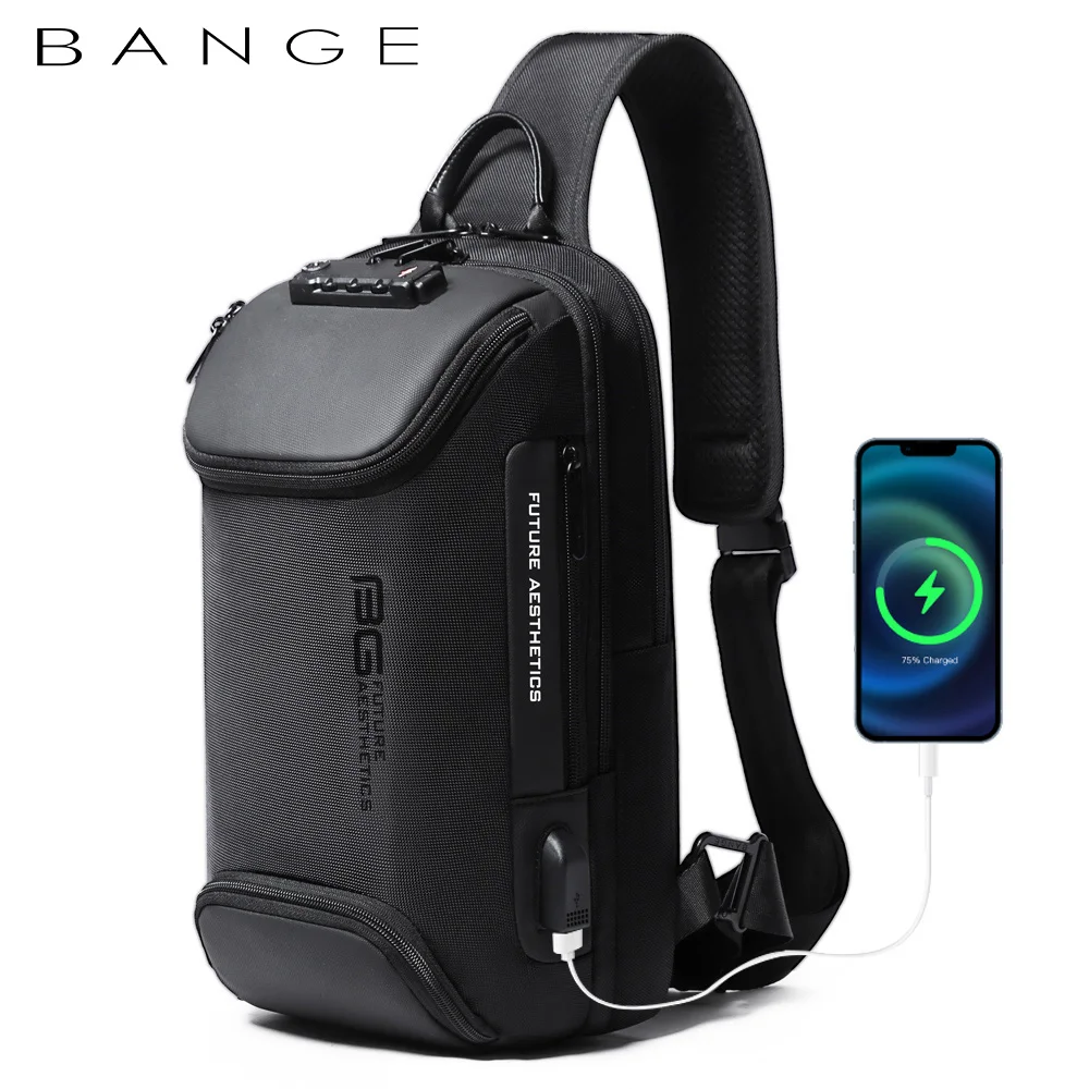 

BANGE Anti theft Sling Backpack with Lock, Men's Sling Bag for Men, Shoulder Crossbody Backpack with USB Charging Port for Men