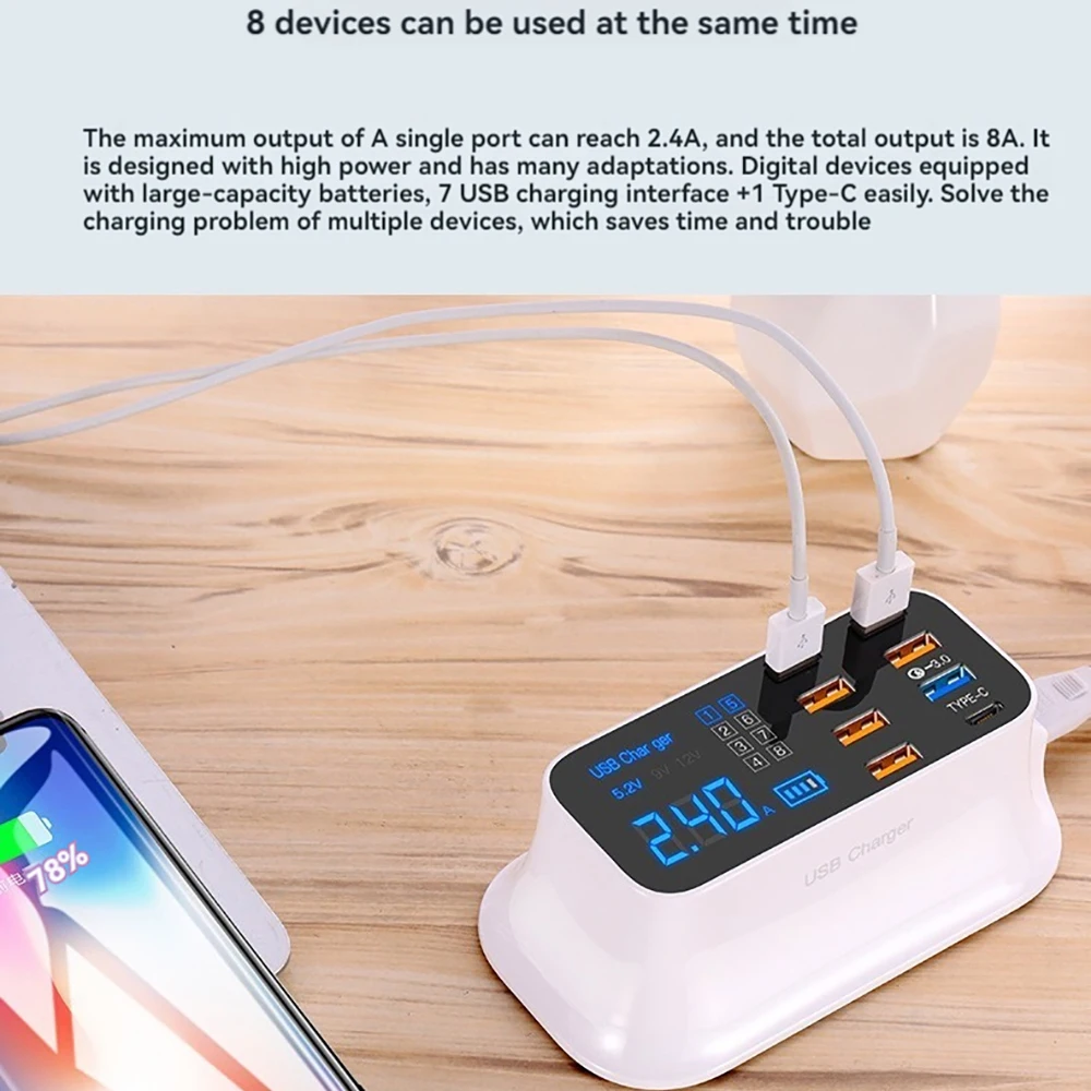 For iPhone11 12 15 Pro Max Type C QC 3.0 Fast Charging For Huawei PD40W Intelligent LCD Display 8-port USB Mobile Phone Charger