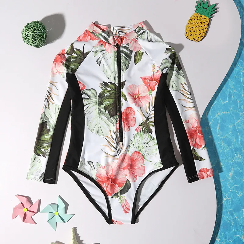 

Print Girls One Piece Swimsuit 8-12 Year Kids Swim Suit Teenage Children's Swimwear 2024 Long Sleeve Surfing Bathing Suits Beach