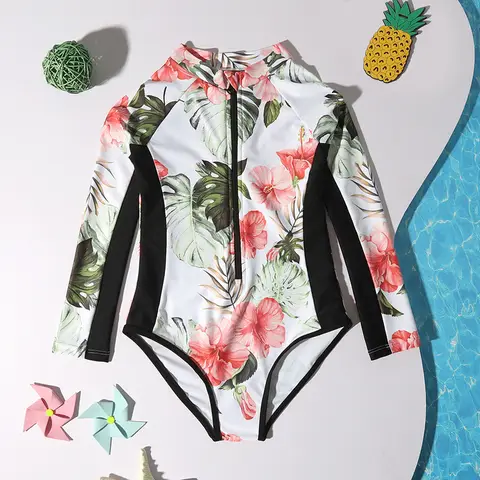 프린트 소녀 원피스 수영복 8-12 세 어린이 수영복 십대 어린이 수영복 2024 긴 소매 서핑 수영복 비치