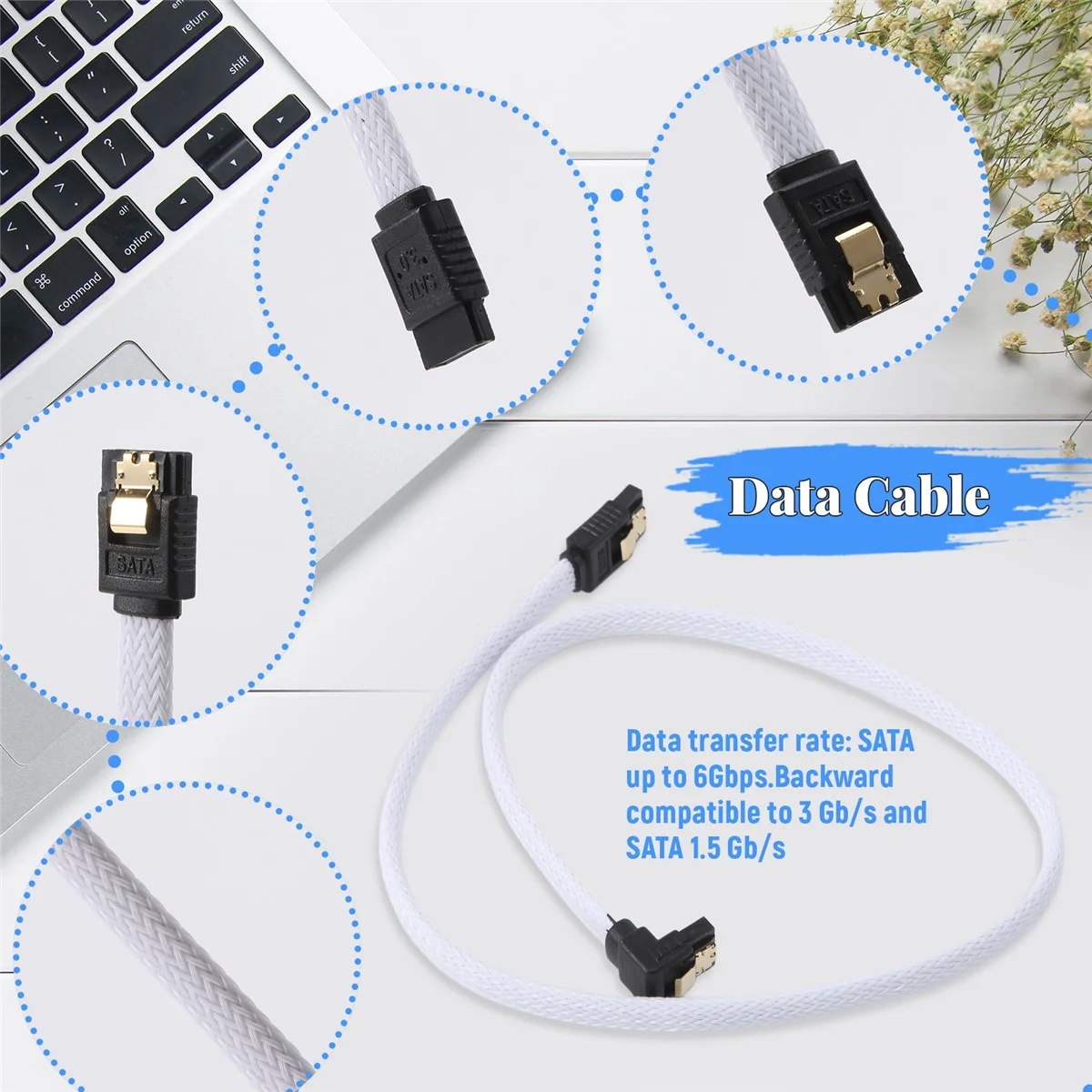 

B57A 50CM SATA 3.0 III SATA3 7-контактный кабель для передачи данных, прямоугольный, 6 Гбит/с, кабели SSD, шнур для передачи данных жесткого диска с нейлоновой оболочкой (белый)