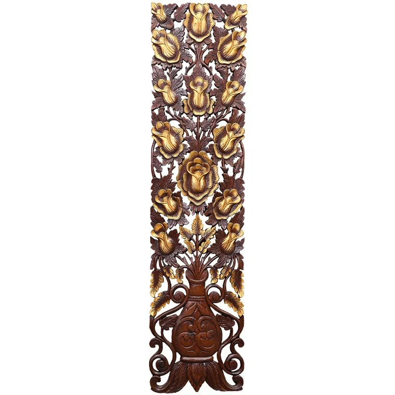 Teak wood carving solid wood gold rose carving board South East Asia Thai soft decoration TV background wall