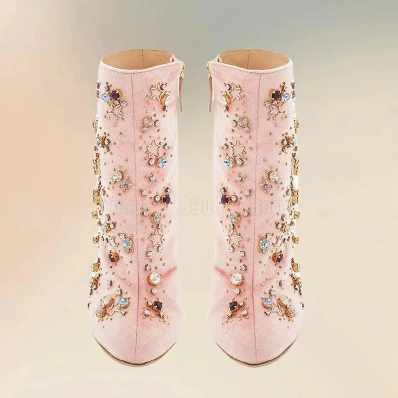 

Colorful Crystal Pink Corduroy Ankle Boots Side Zipper Women Shoes Chunky High Heels New Party Banquet 2025 Zapatos Para Mujere