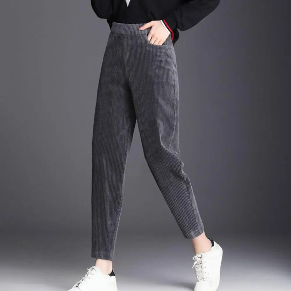 

Women Fleece-lined Pants Solid Color Long Trousers Corduroy Harem Pants Women's Cozy Winter Trousers with Elastic Waist Pockets