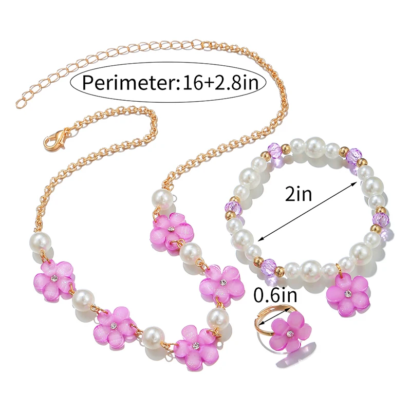 3Pcs/set Flower Charm Chain Necklace with Beads Bracelet Ring Jewelry Set for Girls Daughter Party Birthday Gift