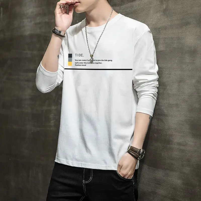 Classic Cotton Printing Letter Men's T-shirt Classic Long Sleeve O-collar Trend Handsome All-match High Quality Loose Male Top