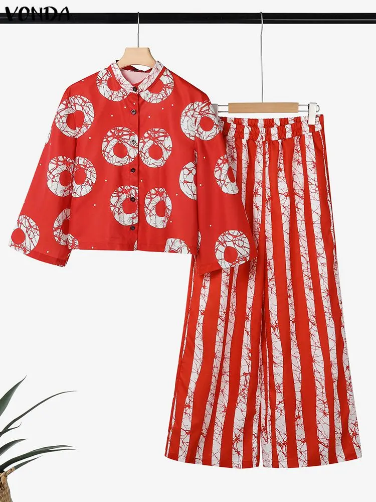 VONDA Plus Size Pant Set Donna 2 pezzi Abiti Autunno Manica 3/4 Moda Bohemian Camicie Pantaloni a gamba larga Stampa vintage 2 pezzi 5XL