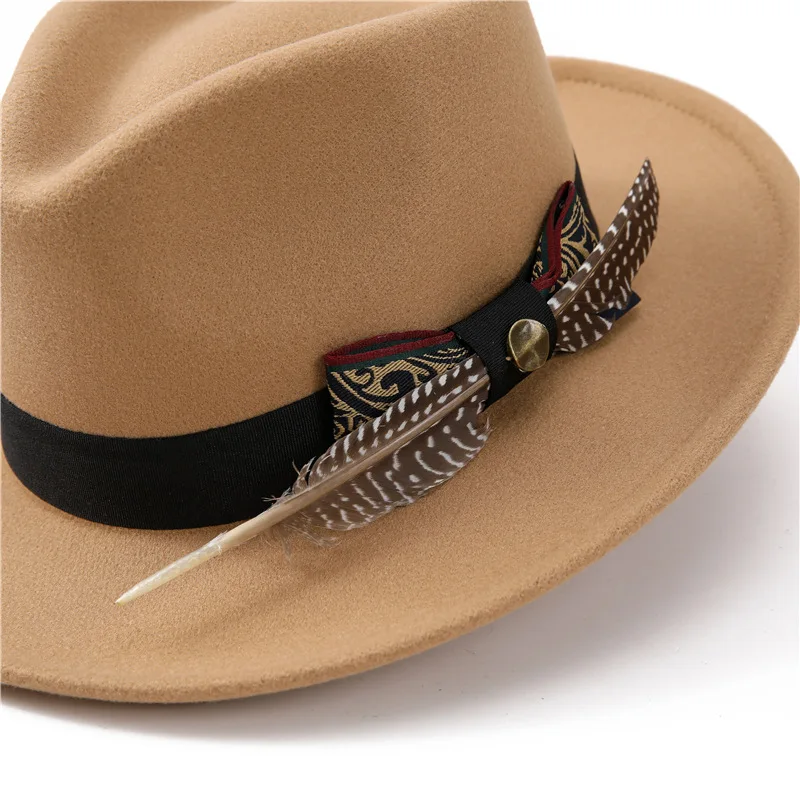 Breitkrempiger Fedora-Hut für Herren mit Federband, Vintage Jazz-Hut, Herbst-Winter, Hochzeit, Party, Reisen, Casual, Mode, formelle Kopfbedeckung – Detail 4