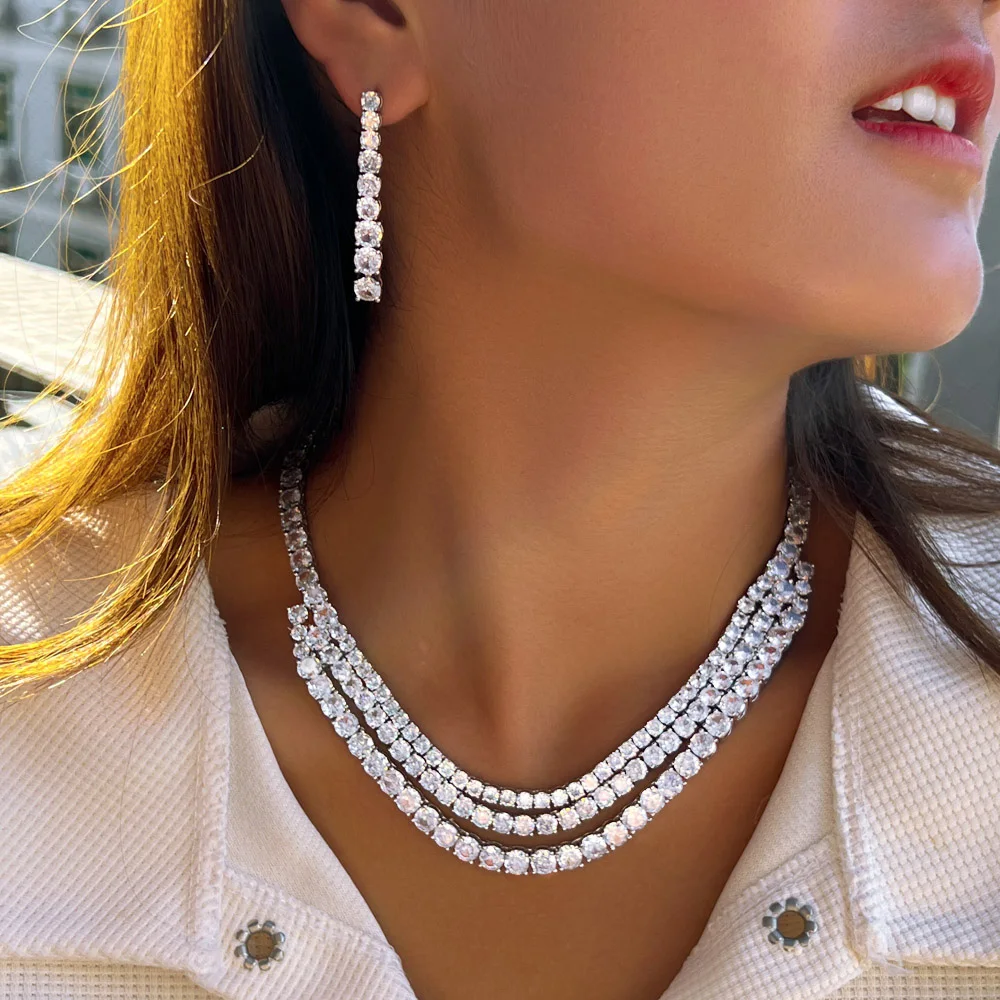 CWWZircons Stunning Round Cubic Zirconia Multi Layer Chunky Wedding Tennis Necklace Earrings Luxury Jewelry Sets for Bride T725