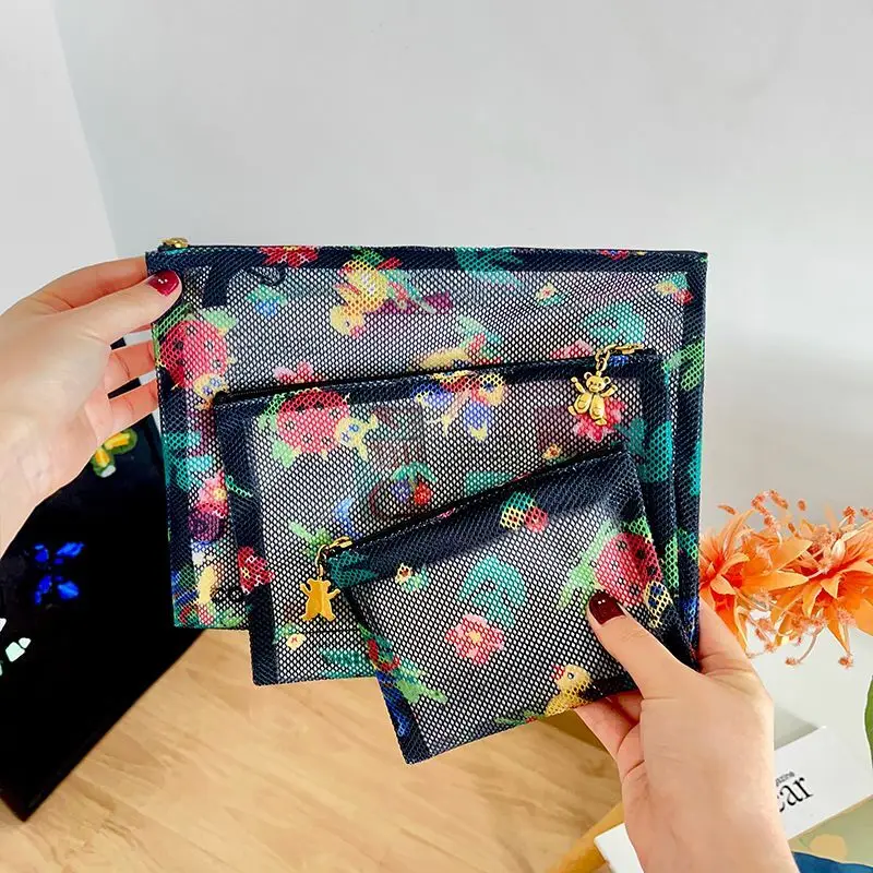 

Flower Bird Fish Insect Printed Storage Bags Cartoon Transparent Three-piece Suit Women Mesh Bag Inner Bag Portable Makeup Bags