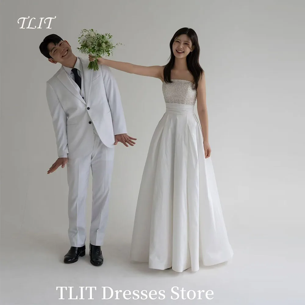 

TLIT Silvery Sequined Strapless Two-Piece Set Prom Dresses Sleeveless Satin A-line Evening Dress Customized Formal Party