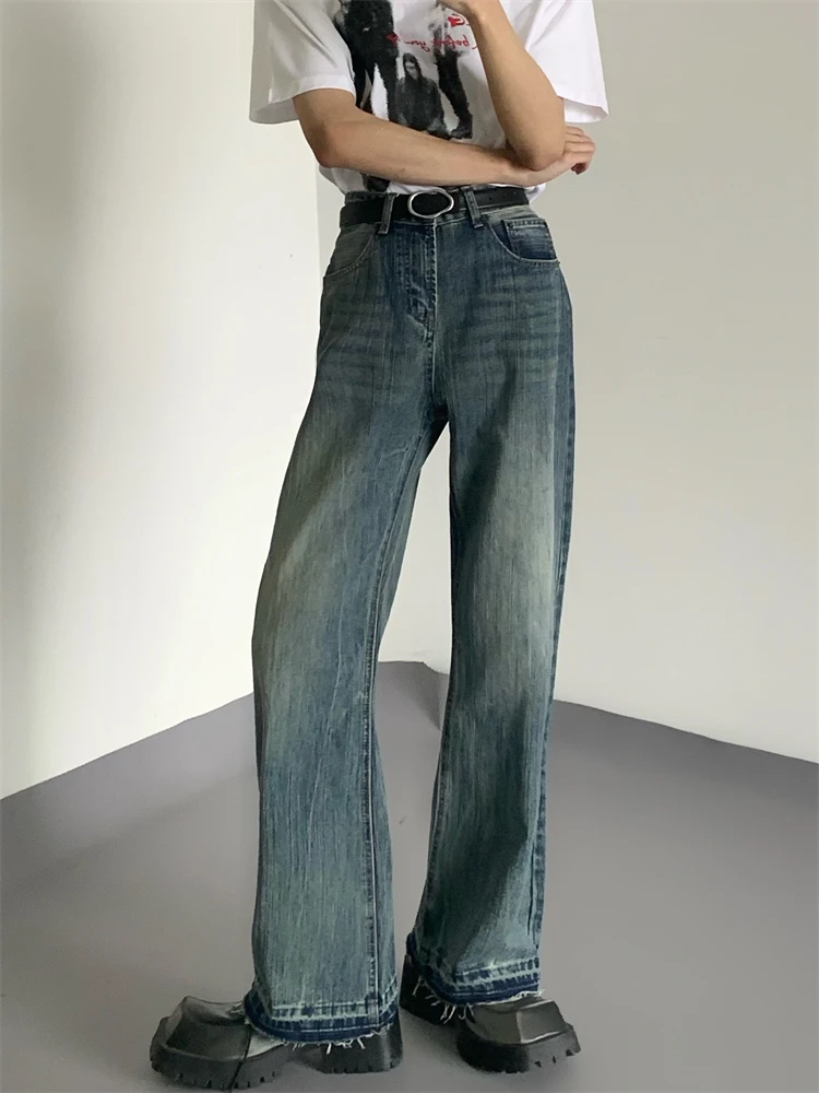 

Мужские джинсы в американском ретро-стиле, с высокой талией, прямые, широкие штанины, молодежный тренд, смесь хлопка и полиэстера