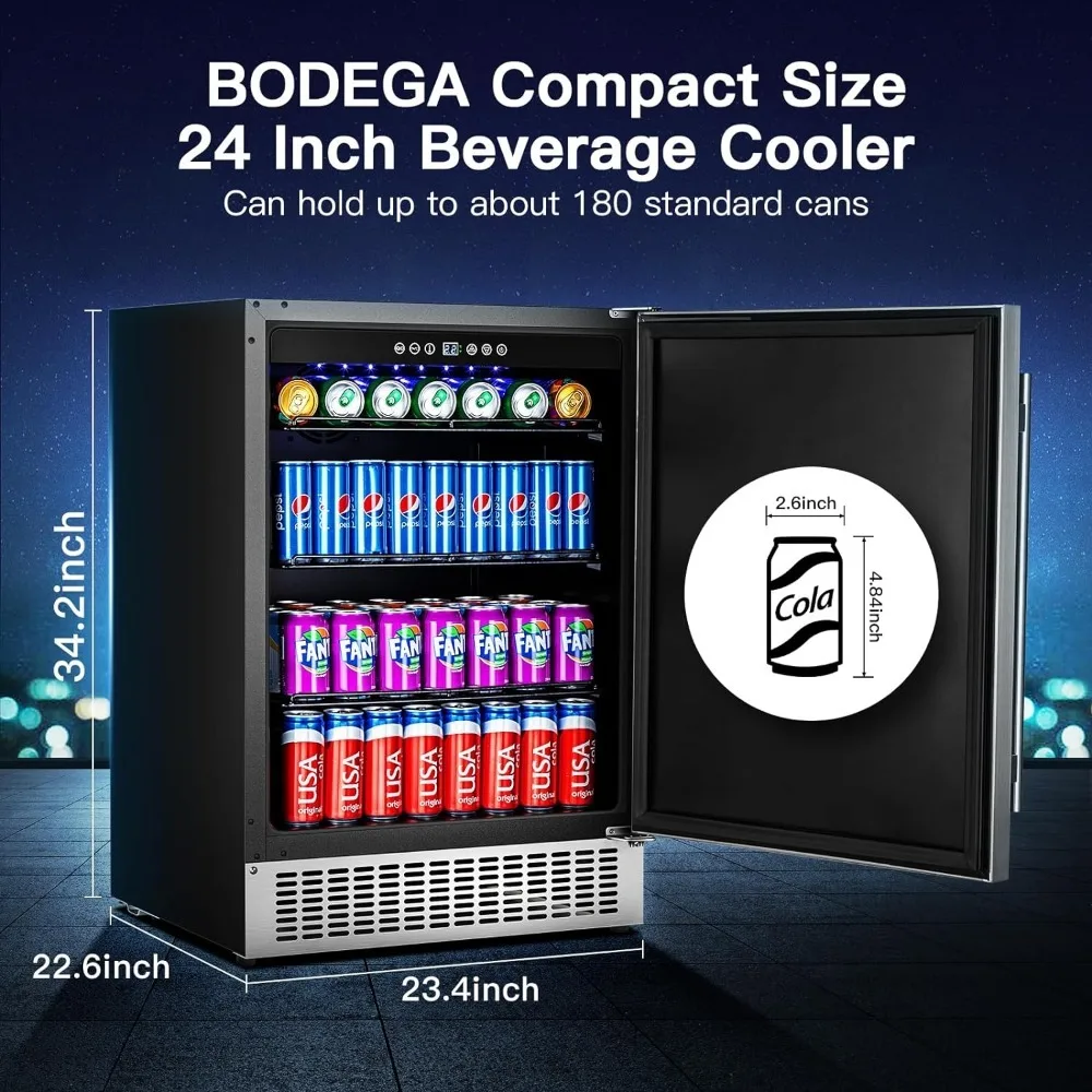 Beverage Cooler 24 Inch, Built-in and Freestanding Beverage Refrigerator 180 Cans,