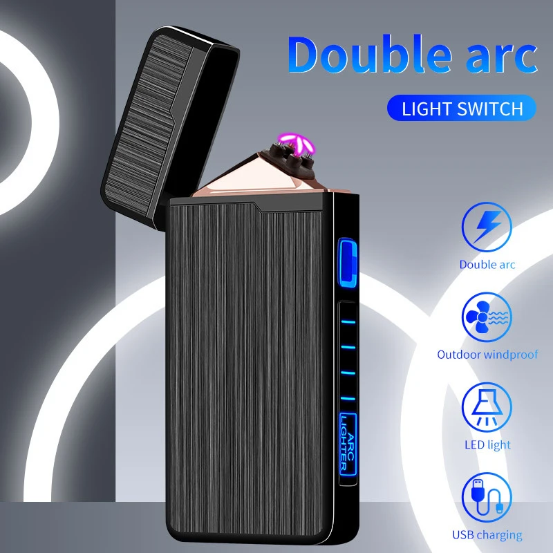 Metal Outdoor Electric Windproof Double Arc Lighter USB Rechargeable Plasma Flameless Touch Induction Power Display Lighter