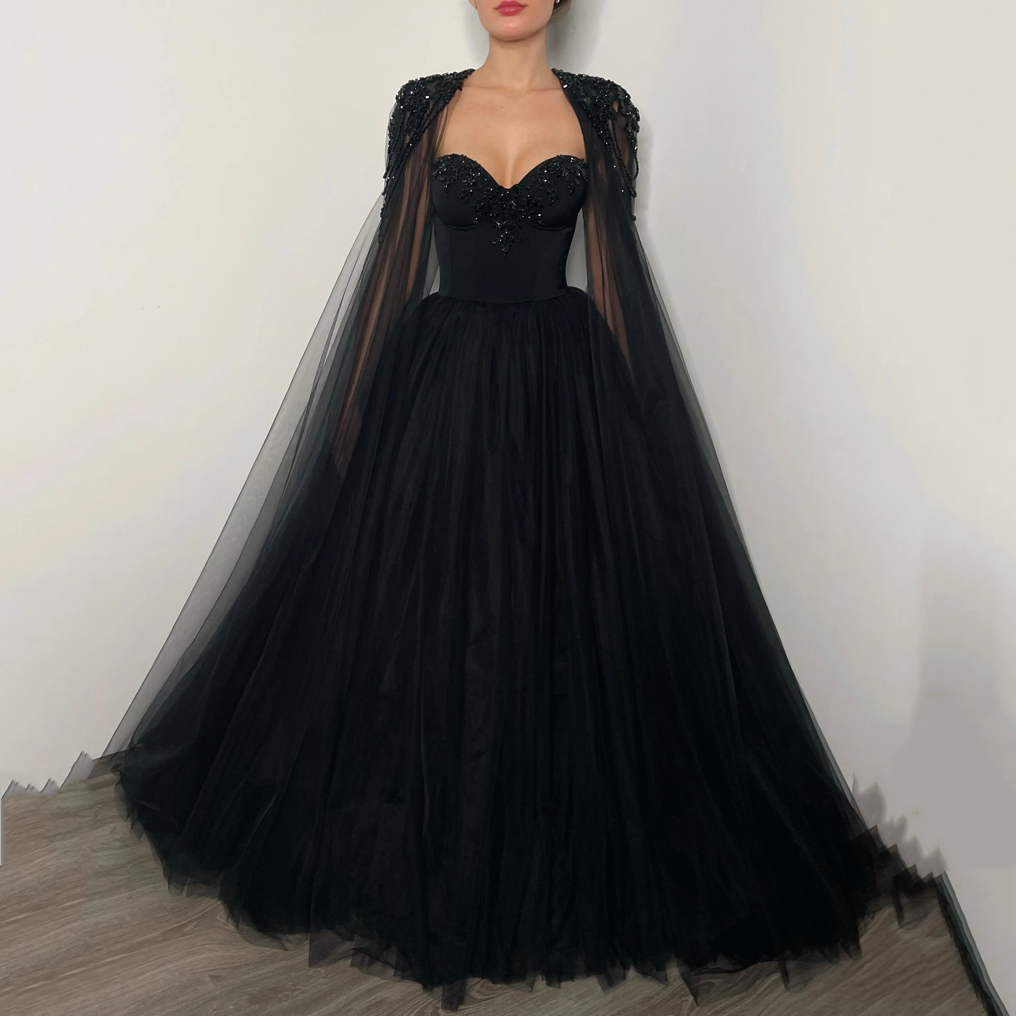 Sevintage Black A Line Tulle 2 Pieces Prom Dress with Beading Detachable Cape Evening Dresses Lacing Back Formal Party Gowns