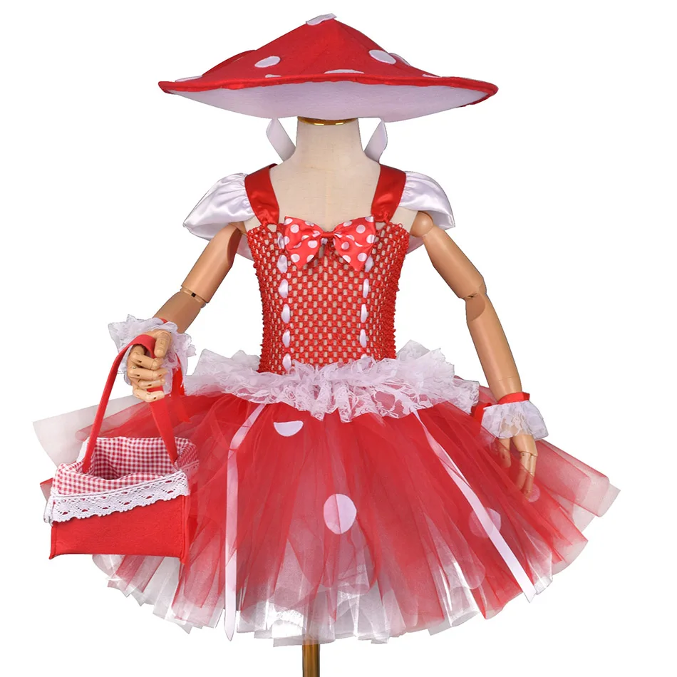 Girls Halloween Hero Red Mushroom Cosplay Costumes for Kids Lace Knee Length Bow Tutu Dresses with Funny Mushroom Hats Basket