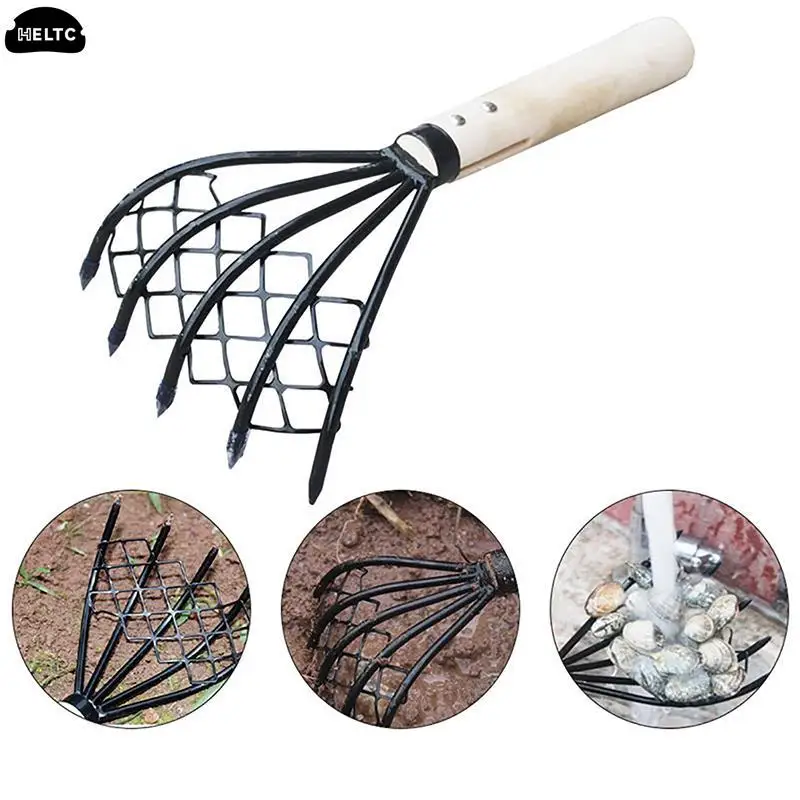 Clam Rake With Net 5 Claw Wood Handle Rake Shell Digging Tool Dig Seafood Toos Weeding Farming Tool Wood Handle Pitchfork New