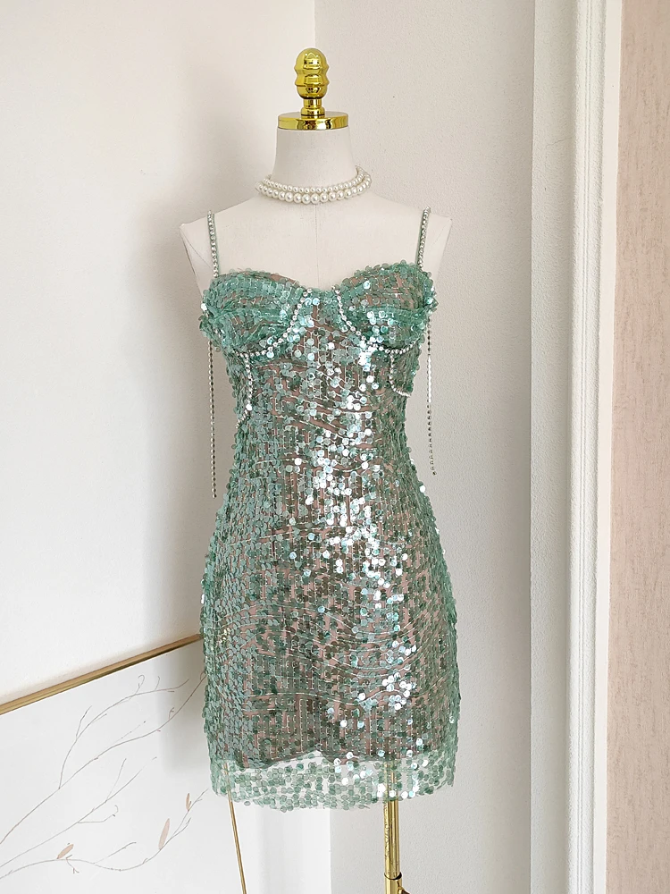 

2024 French Style Ladies Banquet Sequin Dress Women Summer Diamond-Inlaid Chain Stitching Gauze Slim Sexy Elegant Sling Skirt