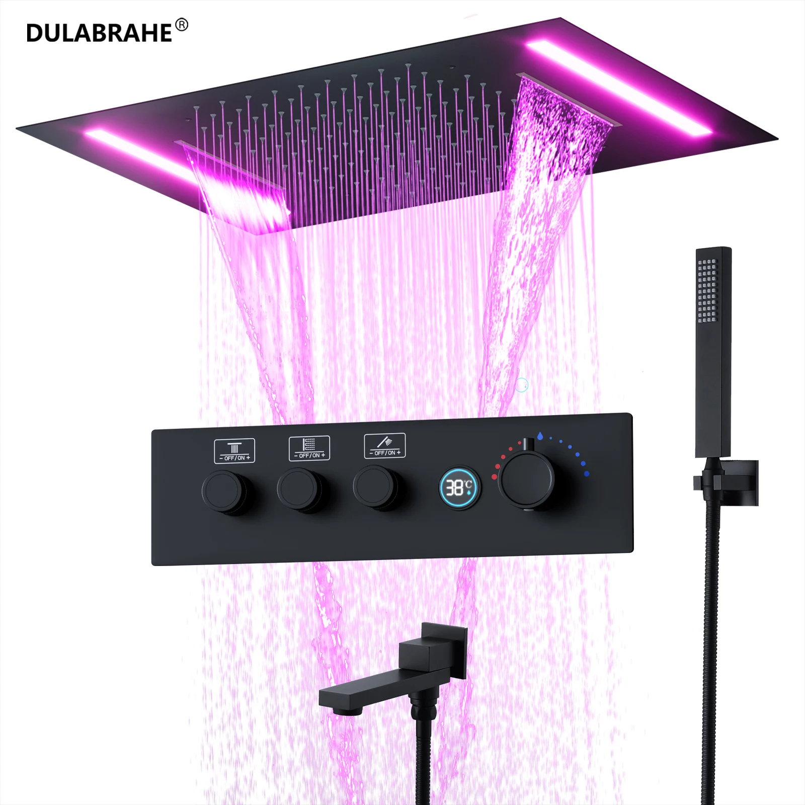 Black 50X36cm LED Shower Panel Stainless Steel Rain Shower Waterfall Rinse Holding Bath Faucet Shower Handheld Side Spray System