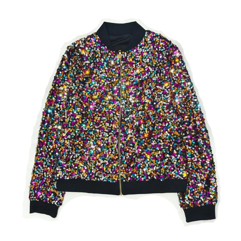 

Stand Up Collar Sequin Jacket Top 2025 Temperament Fashion Spring and Autumn Colorful Long Sleeved Women's Clothing