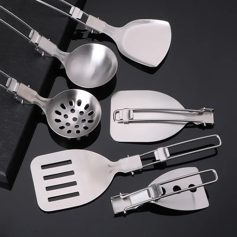 

Foldable and portable stainless steel kitchenware. Ergonomic design handle, suitable for outdoor and daily use, easy to clean