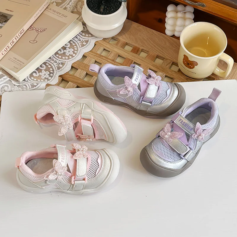 2026 New Kids Fashion Casual Shoes Butterfly Rhinestone Girls Mesh Sneakers Running Non Slip Daily Wear Children Sports Shoes