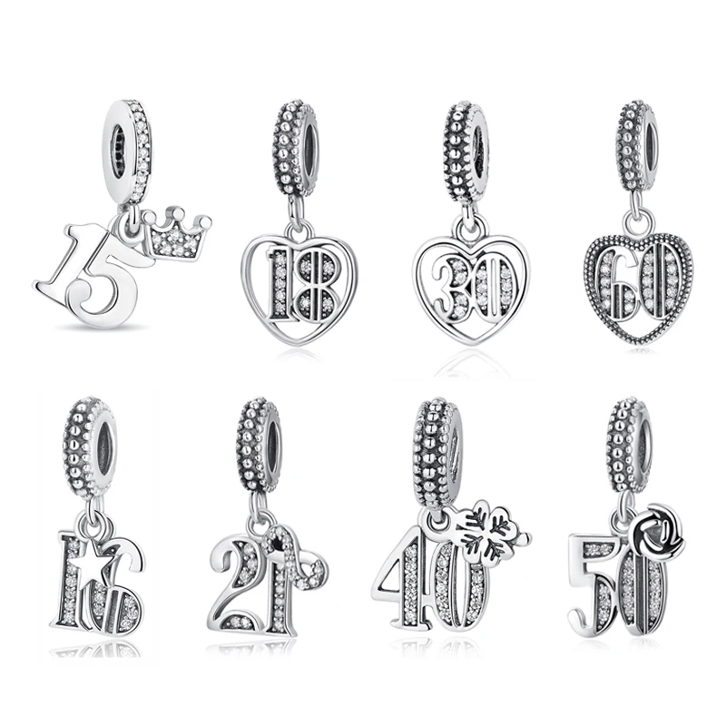 

Original 925 Sterling Silver Charms Anniversary Birthday Numbers Pendant Beads Fit Bracelets Necklaces Women DIY Jewelry Gift