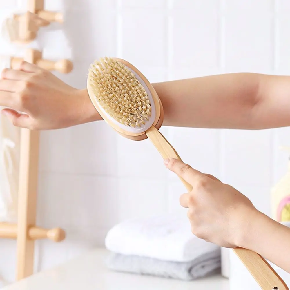 Natural Bristle Bath Brush Long Handle Shower Scrubber Massage Tool Double Sided Back Cleanser For Body Skin Exfoliation