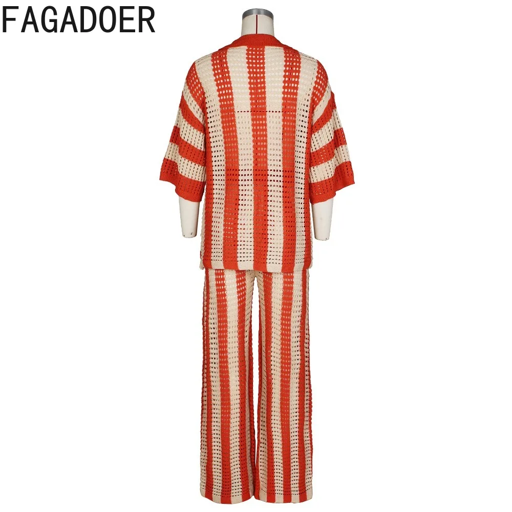 Fagadoer-conjunto de duas peças femininas, top com calça de perna larga, decote em v e botão, manga curta, com estampa às riscas, moda, 2024