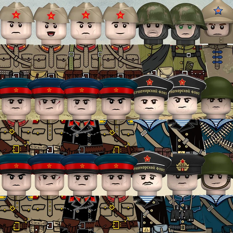 Image of MOC WW2 Sowjetische Panzersoldaten Figuren Bausteine Militär Rote Armee Marine Infanterie PPSH Waffen Offizier Bausteine Spielzeug Geschenk