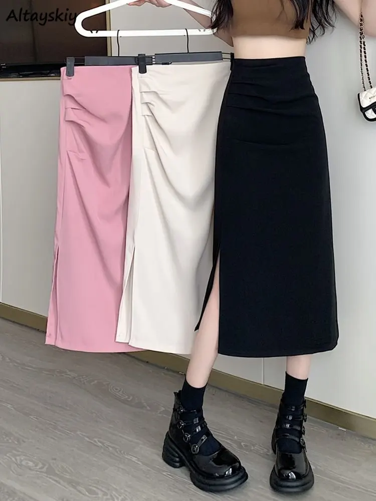 Midi Skirts Women Side Slit French Style Thin Summer Elegant Folds Simple Empire Tender Female Sexy All-match Fashion Ulzzang