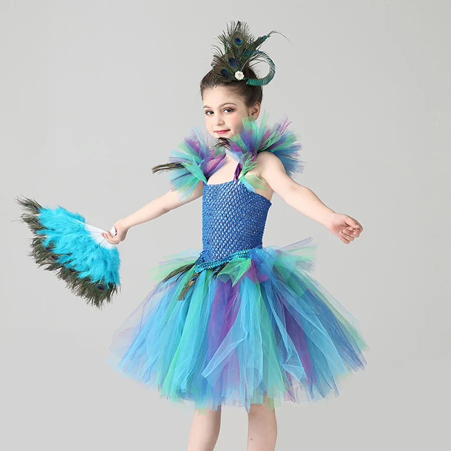 Peacock Enfant Kleid, Pfauenfeder-Cosplay, Karnevalskostüme für Kinder, Halloween, Karneval, Purim, Pfauen-Prinzessinnen-Set – Detail 9