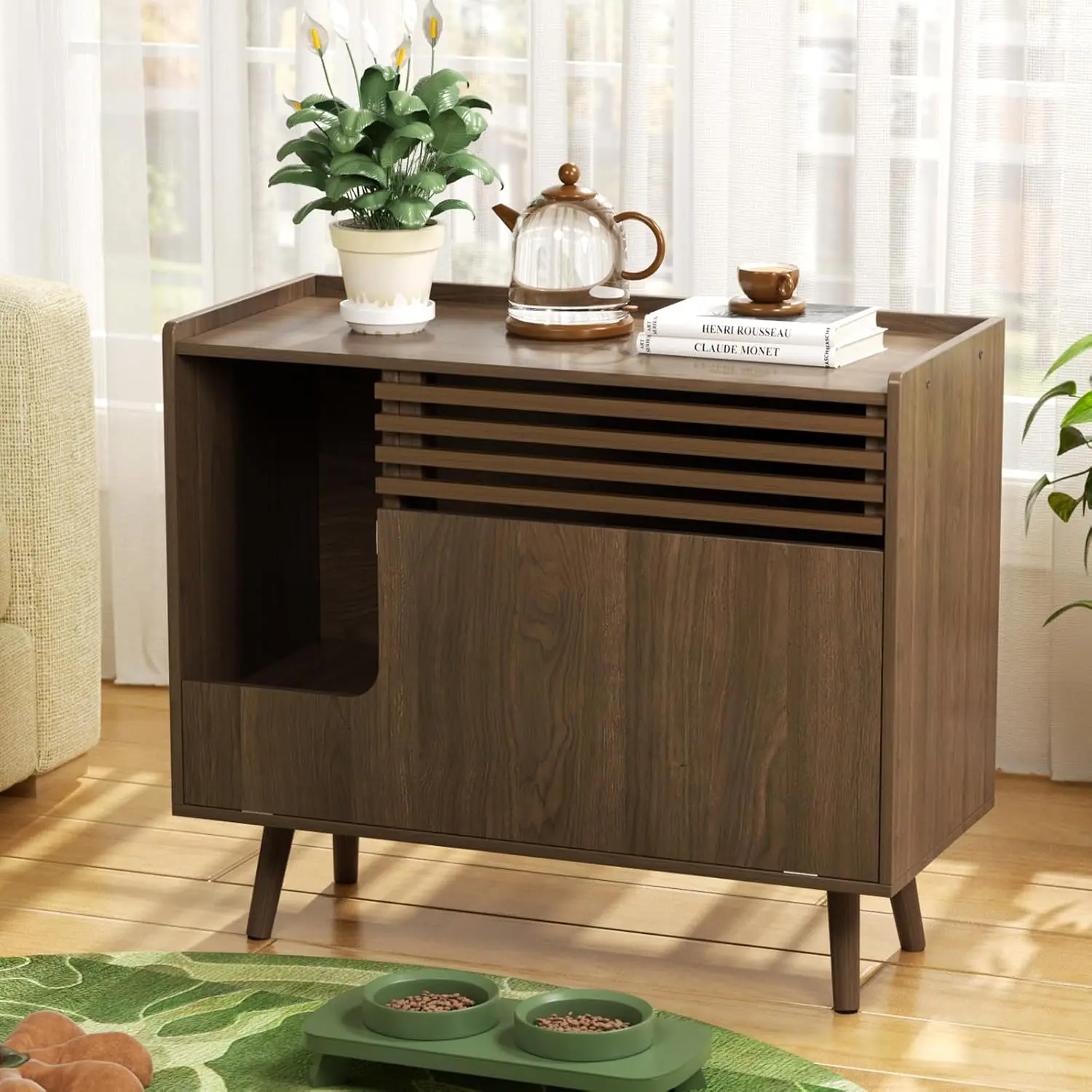 

Mid-Century Modern Hidden Litter Box Furniture with Cat Scratch Pad